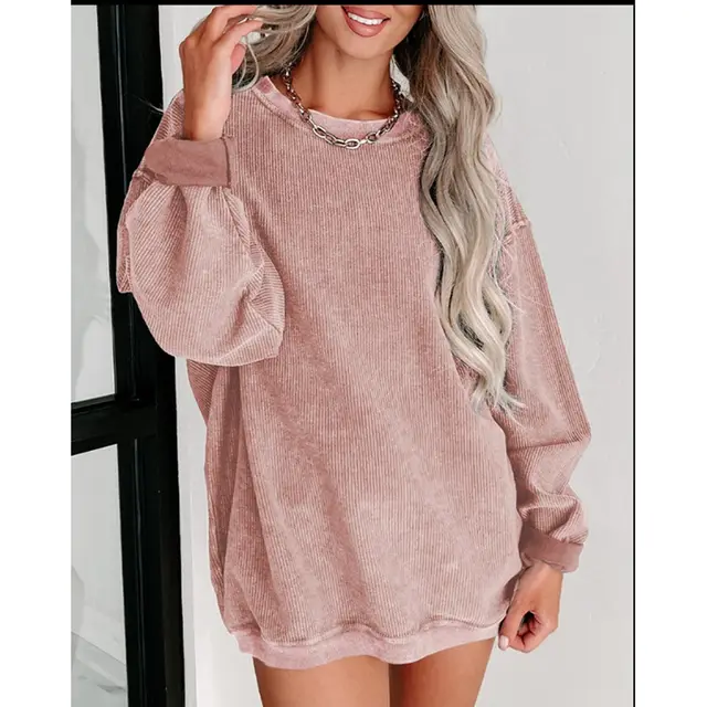 Women's Clothing Popular Brushed Hoody Women's Loose Crew Neck Top Pink - Shop at LoveMi