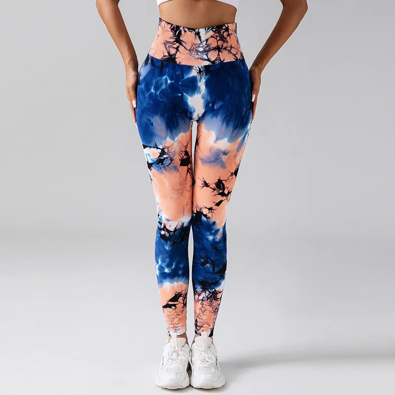 Tie dyed Fitness For Women High Waist Hip Lift Sports Yoga Pants Orange Blue - Shop at LoveMi