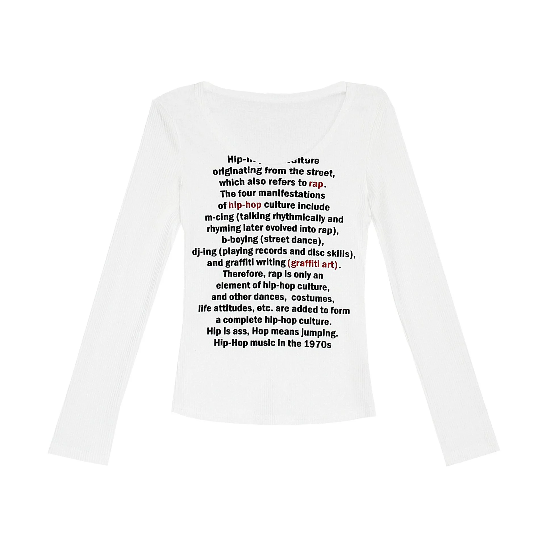 Vintage Printed Round Neck Short Long-sleeved T-shirt - White