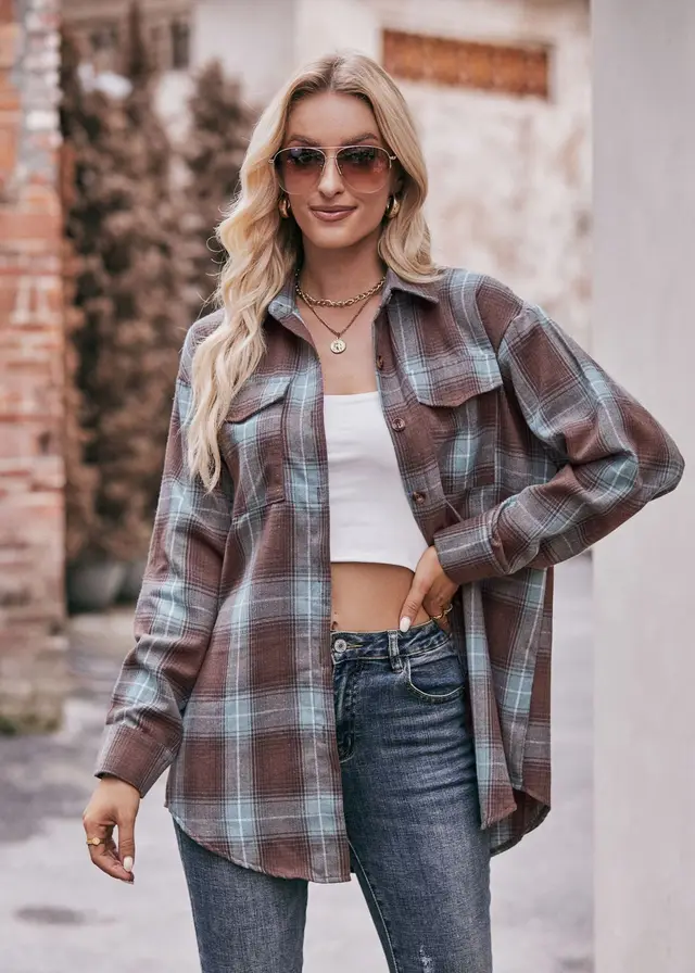 Women's Autumn Winter Coat Casual Fashion Loose Plaid Shirt Brown Green - Shop at LoveMi