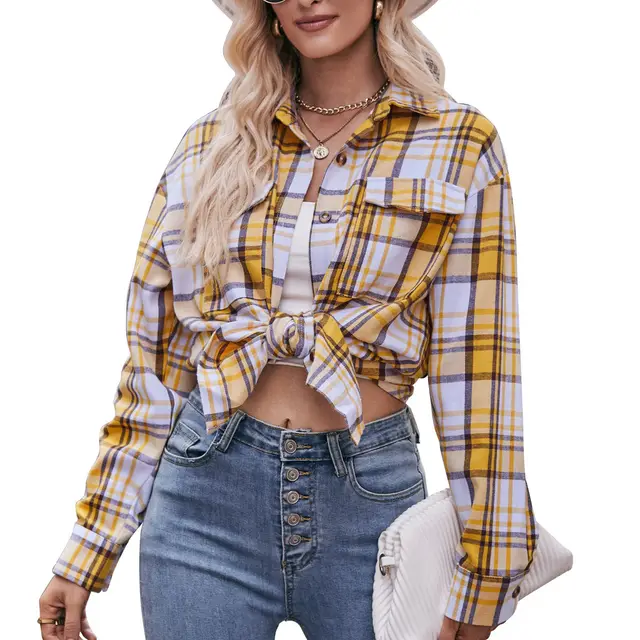 Women's Autumn Winter Coat Casual Fashion Loose Plaid Shirt Yellow - Shop at LoveMi