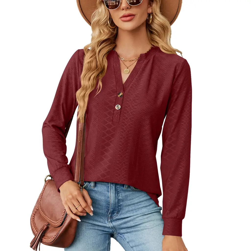 Solid Color And V-neck Button Jacquard Loose Long Sleeve Top - Wine Red