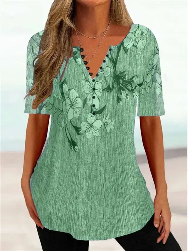 Summer Loose V neck Short Sleeve Pleated Button Shirt For Women Green - Shop at LoveMi