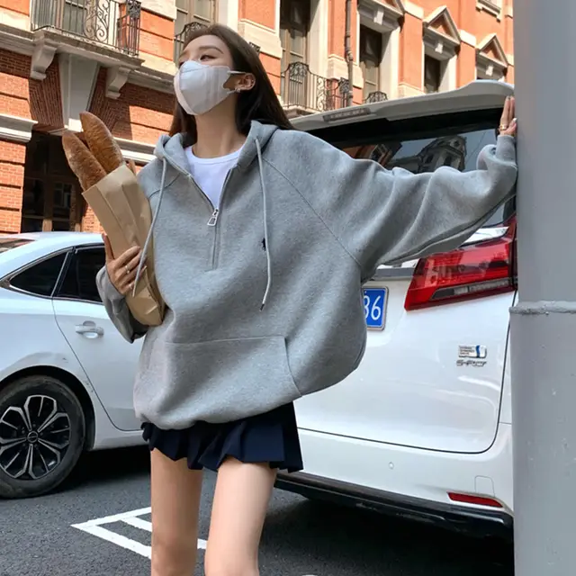 Long Sleeve Fleece Pullover Women's Zipper Half Cardigan Hooded Top Flower Gray Plush - Shop at LoveMi