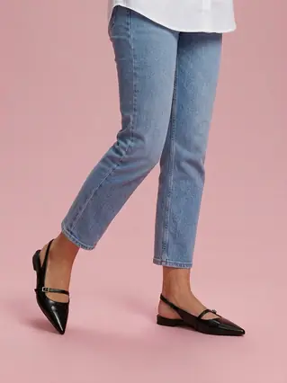 Pointed Toe Slingback Sandals with Buckle Strap - Black