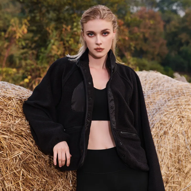 Women's Pink Polar Fleece Sports And Leisure Sweater Jacket Top Black - Shop at LoveMi