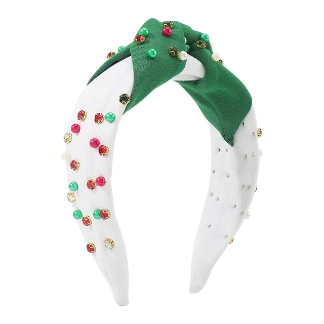 Christmas Wide brimmed Diamond Beaded Contrast Color Knotted Light Luxury Festival Headband Green And White - Shop at LoveMi