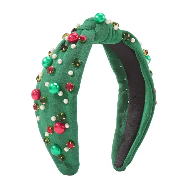 Christmas Wide brimmed Diamond Beaded Contrast Color Knotted Light Luxury Festival Headband Green - Shop at LoveMi