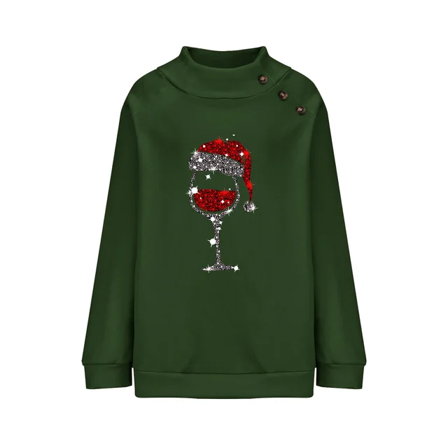Cup Round Neck Button Christmas Loose Sweater Women Green - Shop at LoveMi
