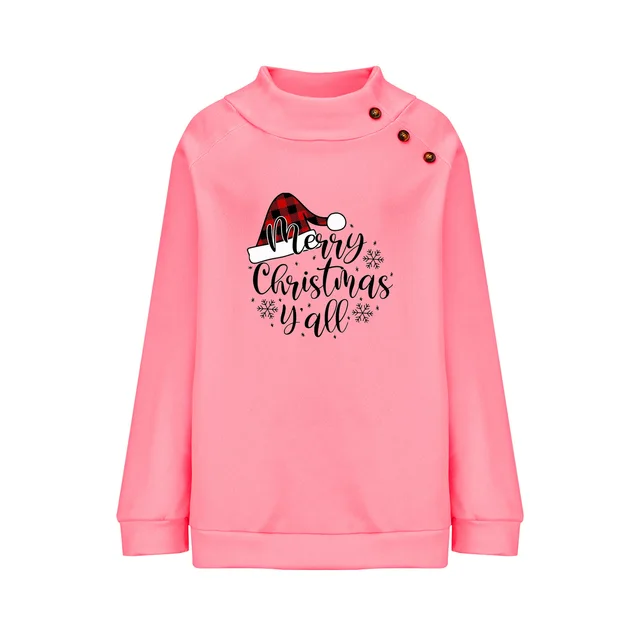 Cartoon Turtleneck Christmas Printed Loose Sweatshirt Women Pink - Shop at LoveMi