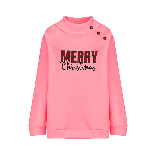 Printed Turtleneck Christmas Letter Loose Sweatshirt Women Pink - Shop at LoveMi