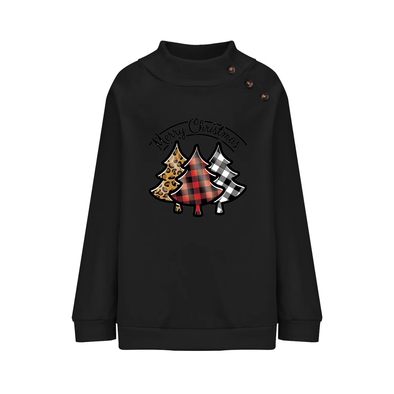 Cartoon Turtleneck Buttons Christmas Printed Sweater For Women - Black