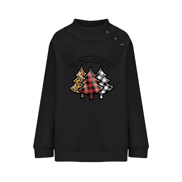 Cartoon Turtleneck Buttons Christmas Printed Sweater For Women Black - Shop at LoveMi