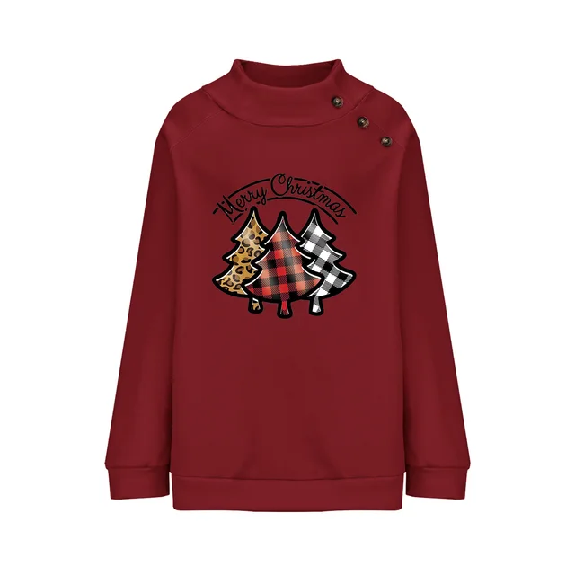 Cartoon Turtleneck Buttons Christmas Printed Sweater For Women Wine Red - Shop at LoveMi