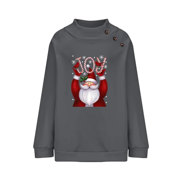 Printed Button Christmas Loose Long Sleeve Sweatershirt Women Gray - Shop at LoveMi