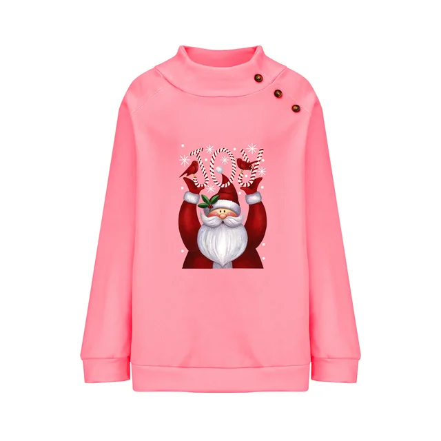 Printed Button Christmas Loose Long Sleeve Sweatershirt Women Pink - Shop at LoveMi