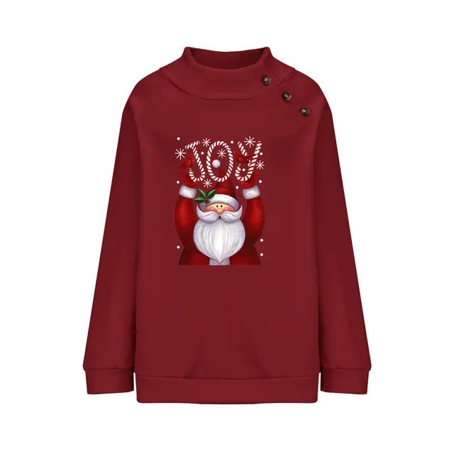 Printed Button Christmas Loose Long Sleeve Sweatershirt Women Wine Red - Shop at LoveMi