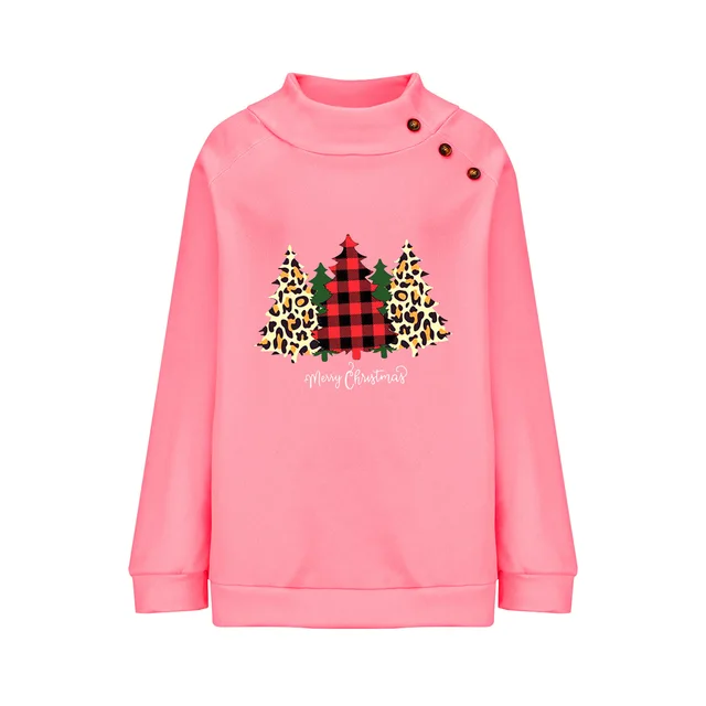 Round Neck Button Loose Long Sleeve Sweatershirt Women Pink - Shop at LoveMi