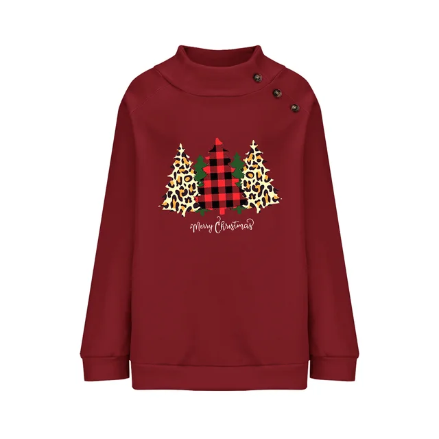Round Neck Button Loose Long Sleeve Sweatershirt Women Wine Red - Shop at LoveMi
