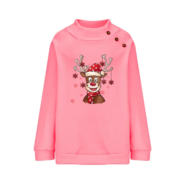 Turtleneck Buttons Christmas Deer Loose Sweater Female Pink - Shop at LoveMi