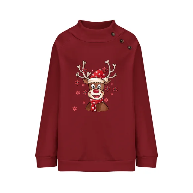 Turtleneck Buttons Christmas Deer Loose Sweater Female Wine Red - Shop at LoveMi