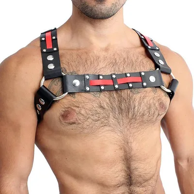 Supply Red Leather Multi rivet Double Ring Personality Double Shoulder Chest Strap Black And Red - Shop at LoveMi