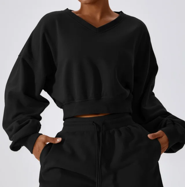 Women's Outdoor Keep Warm V neck Pullover Leisure Loose Long Sleeve Sweatshirt Premium Black - Shop at LoveMi