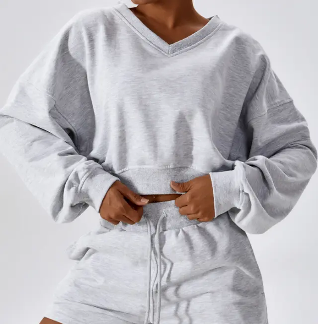 Women's Outdoor Keep Warm V neck Pullover Leisure Loose Long Sleeve Sweatshirt Shallow Flower Ash - Shop at LoveMi