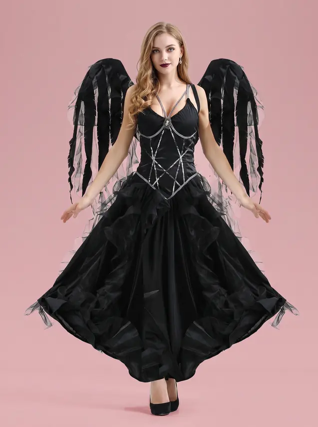 Dark Angel Costume Long Ruffled Dress with Wings for Women Black - Shop at LoveMi