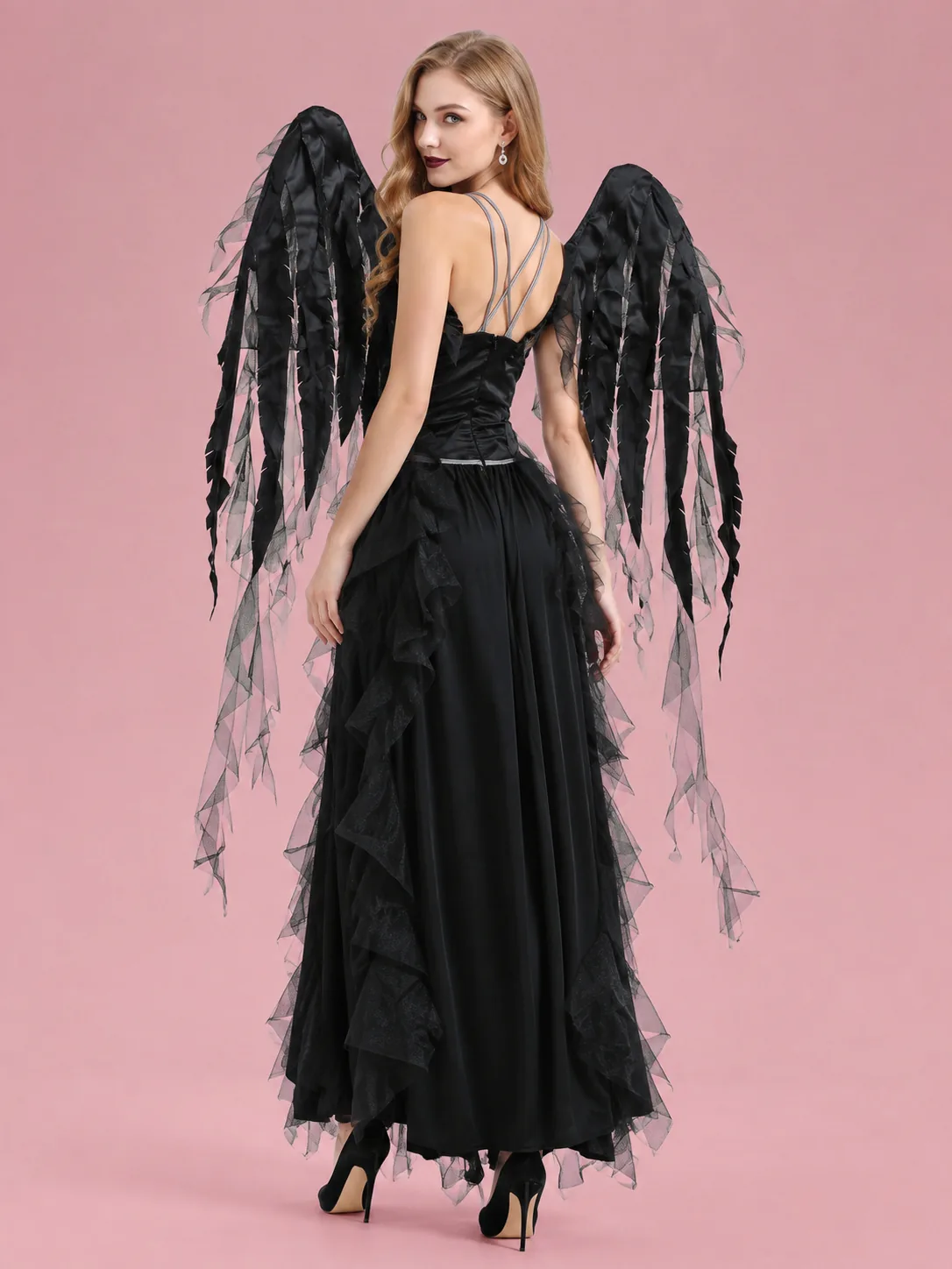 Dark Angel Costume Long Ruffled Dress with Wings for Women - Black - View 2