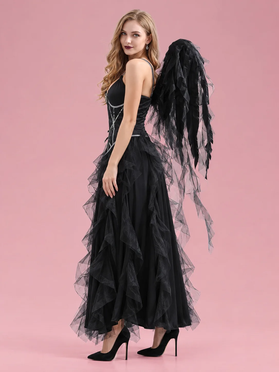 Dark Angel Costume Long Ruffled Dress with Wings for Women - Black - View 3