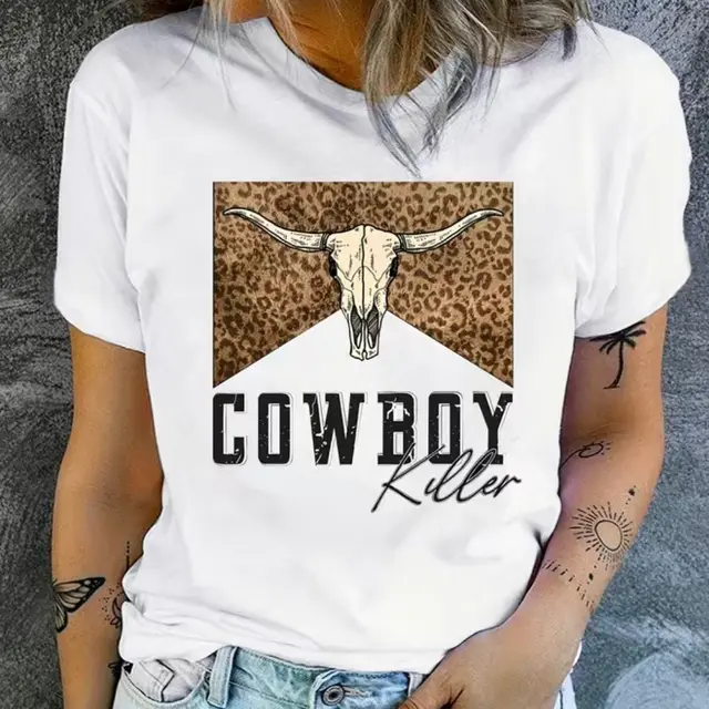 European And American Denim Killer Graphic Digital Printing Casual Round Neck T shirt White - Shop at LoveMi