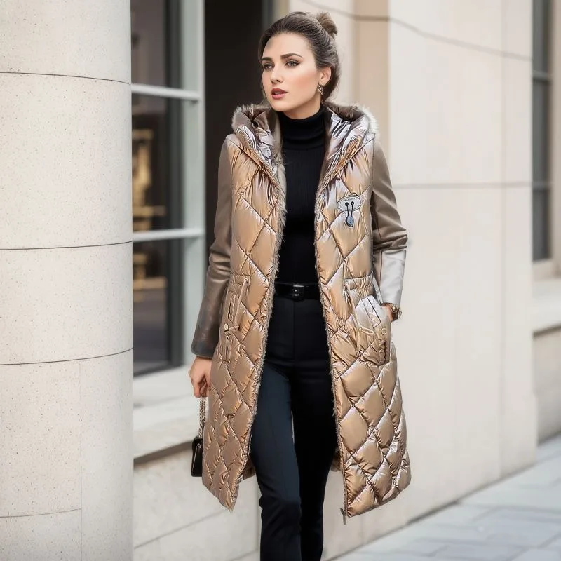 Glossy Cotton padded Coat Vest Mid length Women's Thickened Coat Brown - Shop at LoveMi