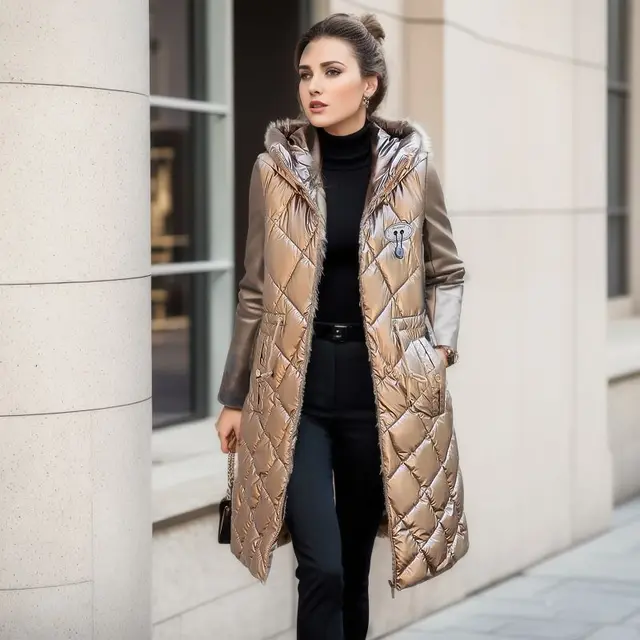 Glossy Cotton padded Coat Vest Mid length Women's Thickened Coat Light Brown - Shop at LoveMi