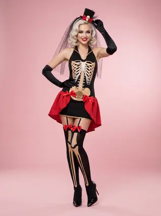 Skeleton Costume Dress with Hat and Gloves for Women - Black and Red