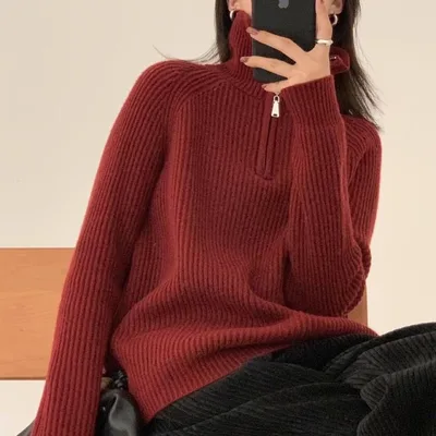 Autumn And Winter Gentle Stand Collar Sweater Cardigan Coat Loose Women Wine Red - Shop at LoveMi