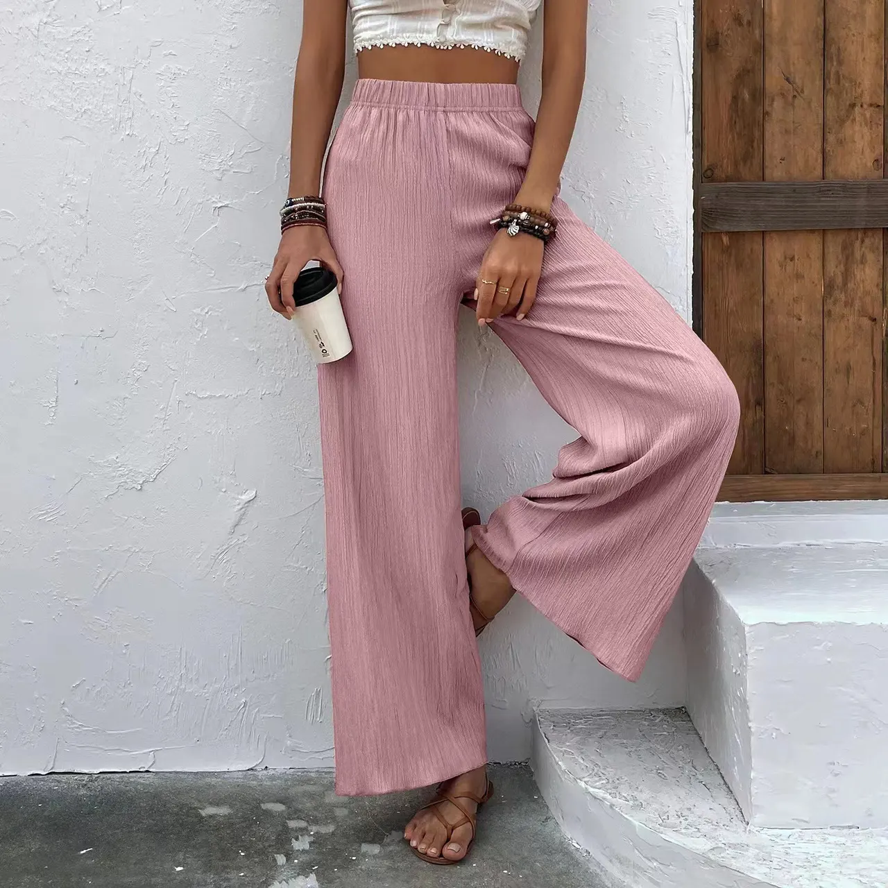Women's Clothing Casual Loose Slimming Crumpled Wide-leg Pants - Lotus Root