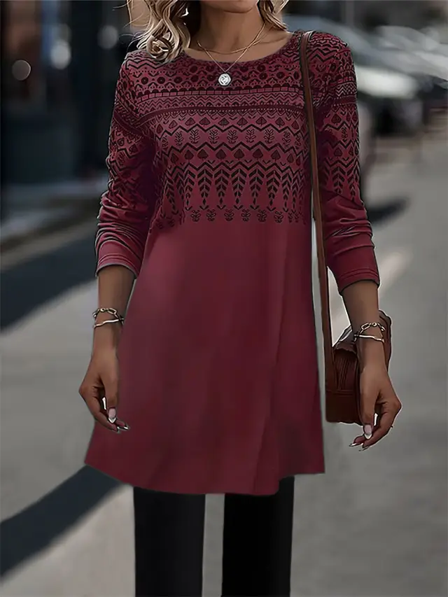 Women's Printed Long sleeved Mid length Knitted Top Wine Red - Shop at LoveMi
