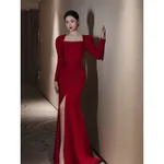 Bride Fishtail Square Collar Long Sleeve Design Simple Satin Evening Dress - Red