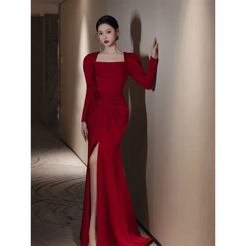Bride Fishtail Square Collar Long Sleeve Design Simple Satin Evening Dress Wine Red - Shop at LoveMi