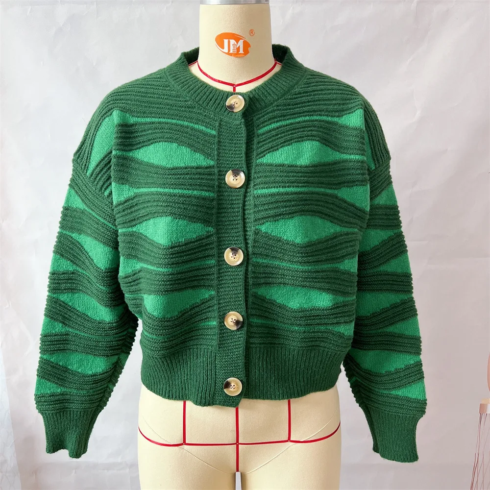 Irregular Striped Contrast Color Single breasted Round Neck Sweater Coat Green - Shop at LoveMi