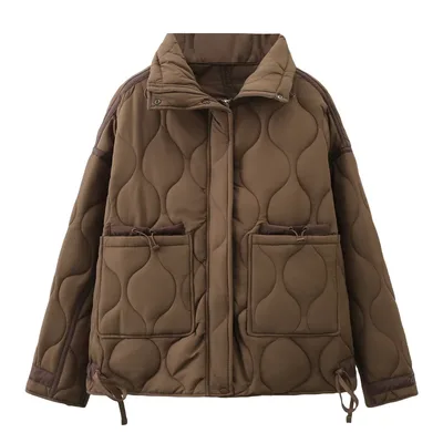 Women's Fashionable All match Casual Loose Diamond Lattice Stand Collar Long Sleeve Cotton padded Jacket Khaki - Shop at LoveMi