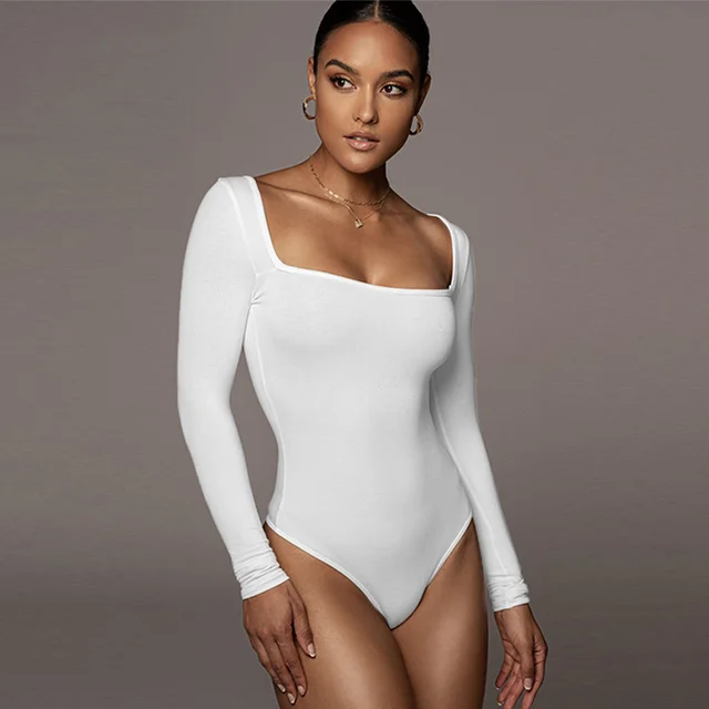 Velvet Padded Bottoming Shirt Women's Tight Long Sleeve Square neck Jumpsuit White - Shop at LoveMi