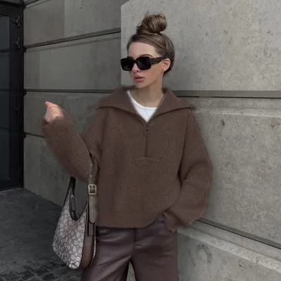 Women's Fashionable Retro Loose V neck Pullover Sweater Brown - Shop at LoveMi