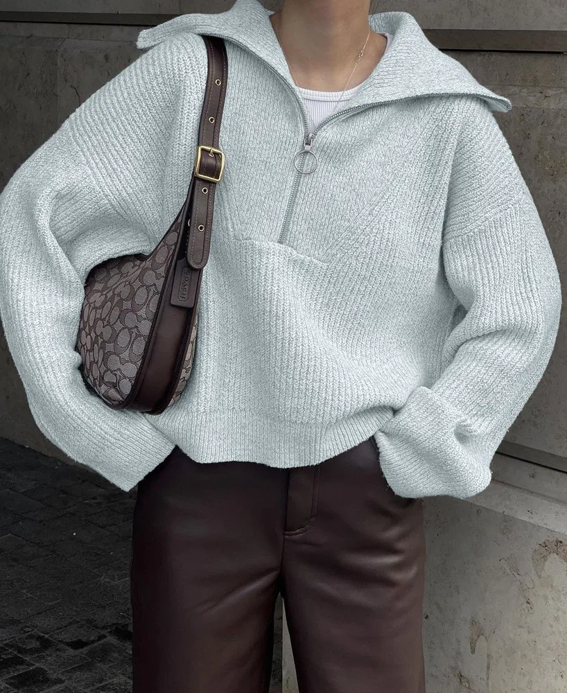 Women's Fashionable Retro Loose V neck Pullover Sweater Light Gray - Shop at LoveMi