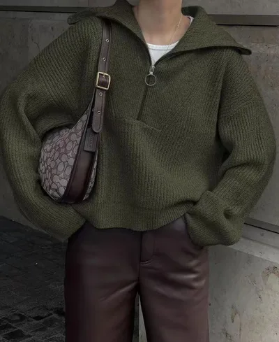 Women's Fashionable Retro Loose V neck Pullover Sweater Olive - Shop at LoveMi