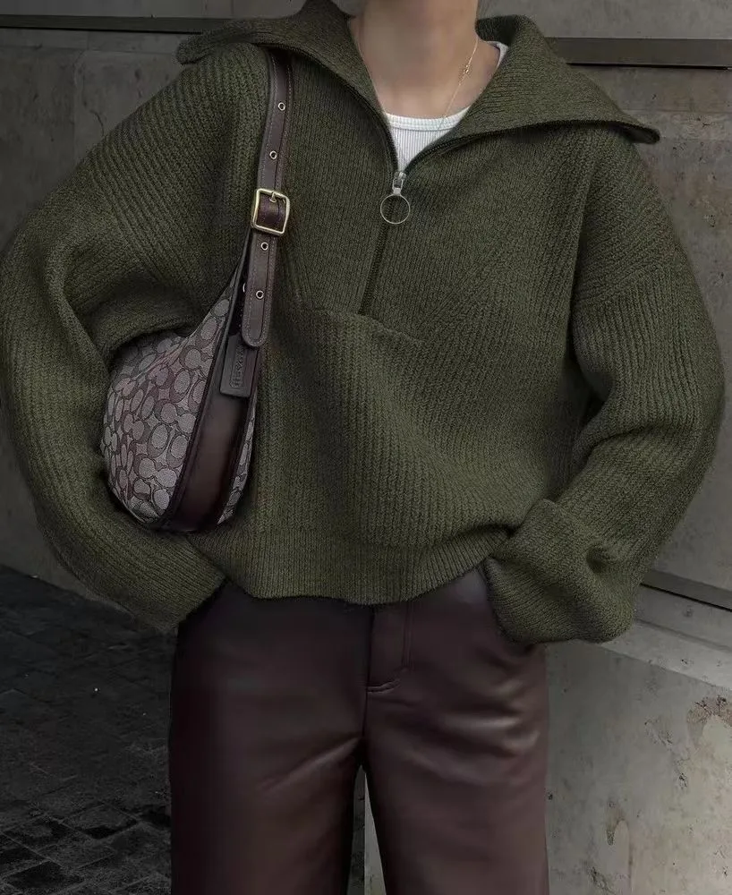 Women's Fashionable Retro Loose V-neck Pullover Sweater - Olive