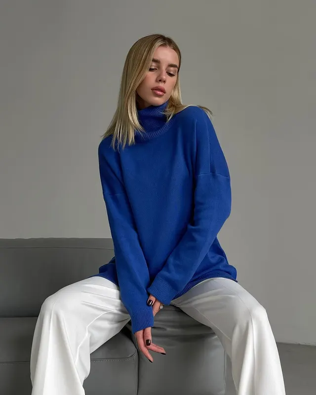 Women's Fashion Loose Turtleneck Sweater Sapphire Blue - Shop at LoveMi