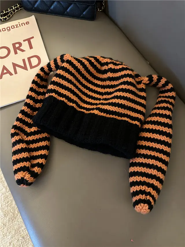 Cute Rabbit Ears Knitted Striped Pullover Wool Knit Hat Shopping Warm Beanie Hat Black Orange - Shop at LoveMi