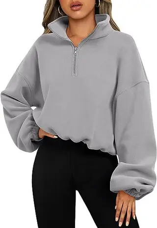 Women's Half Zipped Stand Collar Drawstring At Hem Polar Fleece Autumn Winter Sweater - Gray